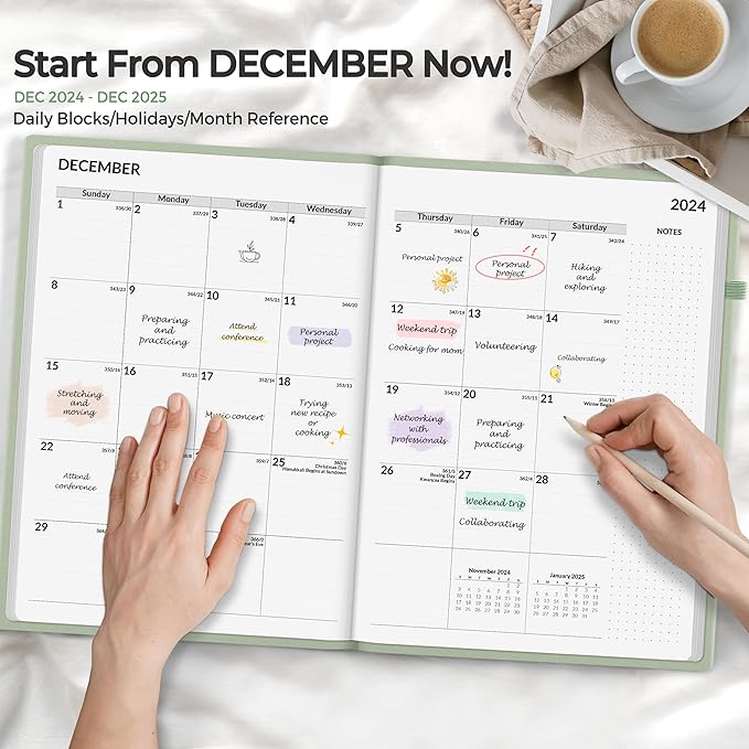 SUNEE 2025 Weekly & Monthly Hardcover Planner 8" x 11" - 12 Month (January 2025 - December 2025), Small Hardcover Planner, Pocket, Notes, 100 GSM Paper, Sage Green
