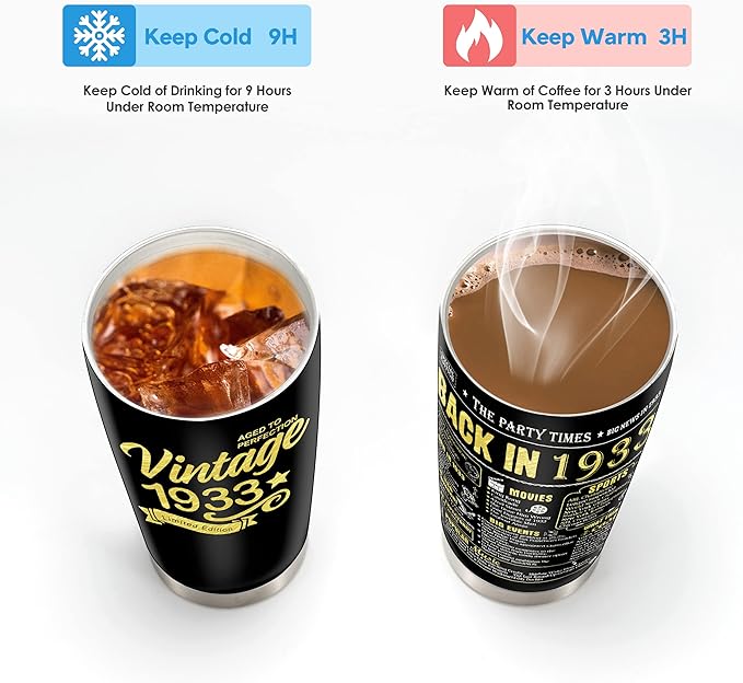 Happy 91th Birthday Tumblers Gifts for Men Women, Back in 1933 Stainless Steel Tumblers Gifts, 1933 91 Years Old Birthday Gift For Wife Husband Mom Dad