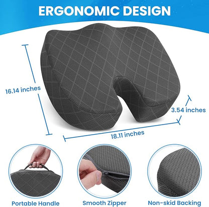 TushGuard Seat Cushion - Memory Foam Cushion for Office Chair, Car Seat, Airplane, Bleacher - Sciatica & Hip & Coccyx Pain Relief Cushions for Long Sitting Office Workers, Car Drivers (Grey, X-Large)