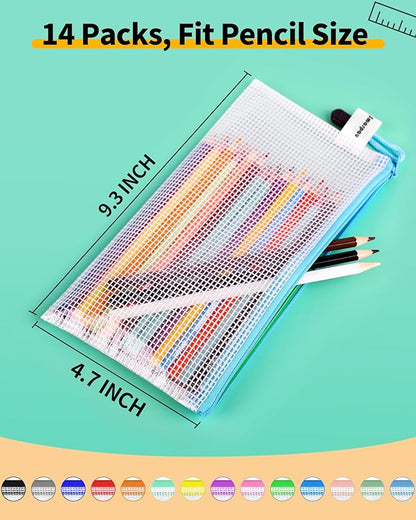 Smarpau 14pcs Zipper Pouch, 14 Colors 9.3" x 4.7" Mesh Pencil Pouches, Plastic Pencil Case Waterproof Zipper Bags for Cosmetic,Travel, Office Storage