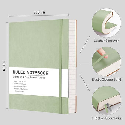 RETTACY Journaling Notebooks, B5 Lined Journal Notebook with 320 Numbered Pages, 7.6" × 10", Medium, Journal Notebook for Writing, Work, School, Leather Softcover, 100 GSM Thick Paper (Light Green)