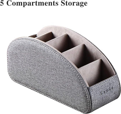 TV Remote Control Holder with 5 Compartments,Pu Leather Remote Caddy/Box/Tray Bedside Table Desk Storage Organizer for DVD, Blu-Ray, Media Player, Heater Controllers and Cosmetics Office Supplies