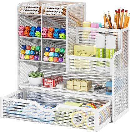 Marbrasse Mesh Pen Holder for Desk, Desk Organizer with Drawer, Multi-Functional Pencil Organizer, Desk Organizers and Accessories for Office Art Supplies (White)