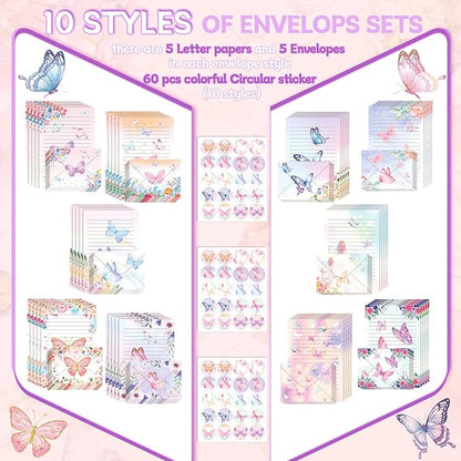 TaoBary 160 Packs Stationery Paper Set (50 Double Sided Stationery Writing Papers 50 Matching Envelopes) 60 Round Dot Sticker, 10 Design(Watercolor Butterfly,5.5 x 8.25 Inch)