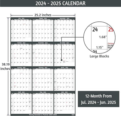 Yearly Wall Calendar 2024-2025 - Large Yearly Calendar Vetical, Jul 2024 - Jun 2025, 25.2" x 38.2" (Open), 2024-2025 Calendar, Large Wall Calendar, Full Year Paper Calendar with Notes, Thicker Paper