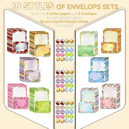 TaoBary 160 Packs Stationery Paper Set (50 Double Sided Stationery Writing Papers 50 Matching Envelopes) 60 Round Dot Sticker, 10 Design(Flower,5.5 x 8.25 Inch)