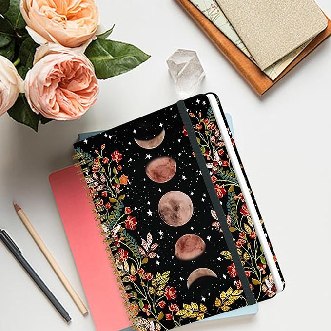 Yoiilifee Spiral Notebook - A5 Spiral Notebooks, 8.3'' × 5.8'', 160 Pages, Aesthetic Journaling Notebooks for Women, College Lined Notebook with Elastic Closure, Back Pocket, for School Office, Moon
