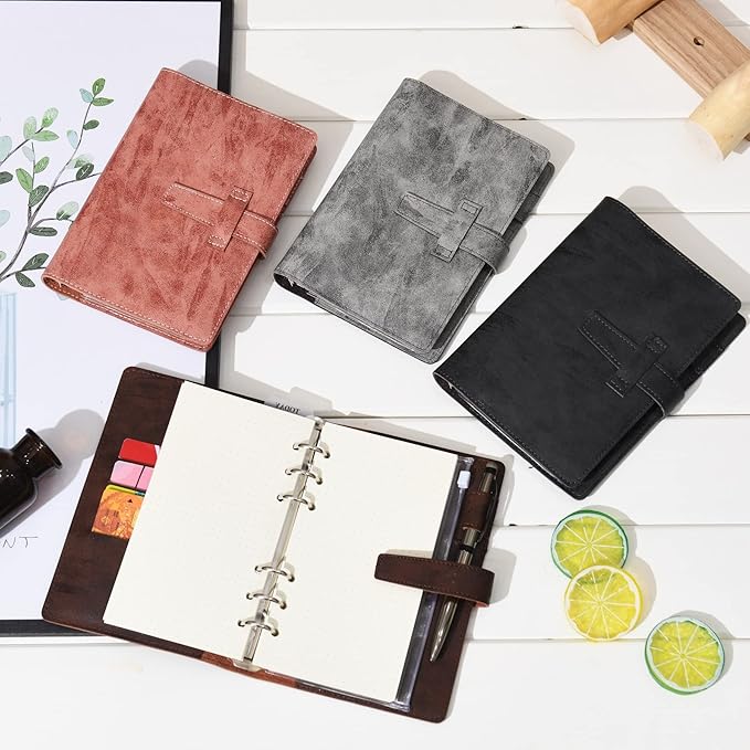 Wonderpool Leather Journal Refillable Binder A6 Writing Notebook Folder Organiser with Dotted Paper & Multi Pockets Cover for Business School Travel (A6, Brown)