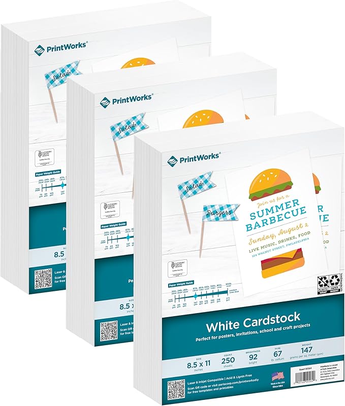 Printworks White Cardstock, Standard, 67 lb. Vellum, 92 Bright, 750 sheets, 8.5 x 11, For Office, Home & School Printing, Craft Projects