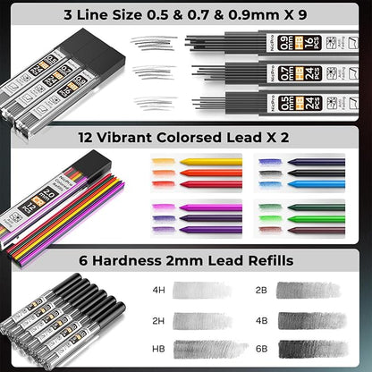 Nicpro 37PCS Metal Mechanical Pencil Set, 8PCS Drafting Pencil 0.5, 0.7, 0.9 mm & 2mm Lead Pencil Holder For Sketching Drawing With 20 Tube (6B 4B 2B HB 2H 4H Colors) Lead Refill Eraser -With Case