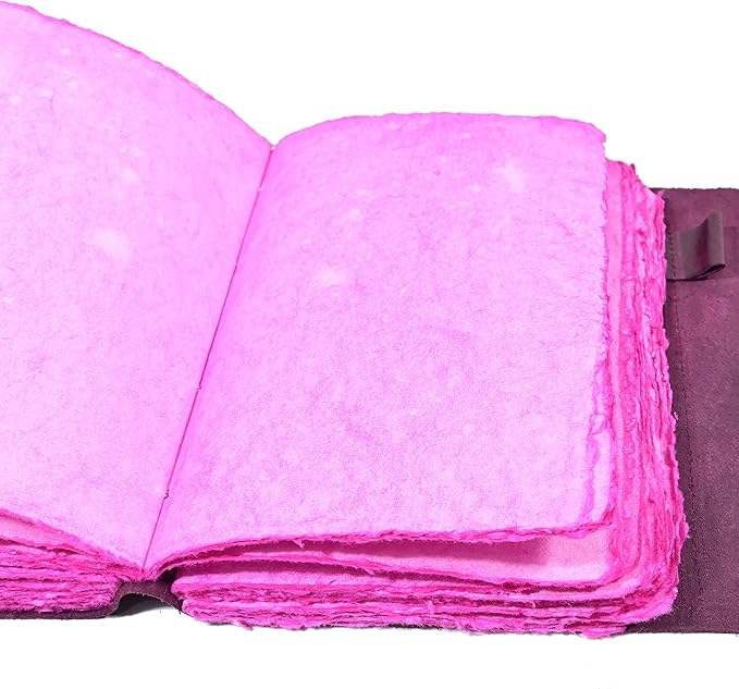Vintage Purple Leather Journal - 200 Pages Pink Deckle Edge Rustic Paper - Unlined Pages Book of Shadows, Grimoire, Junk Scrapbook, Fantasy Medieval Gifts, Sketchbook (Mystical Purple, 9"x6")