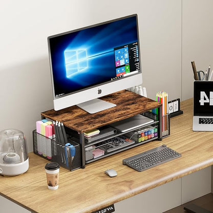 Desk Organizers and Accessories, 2-Tier Computer Monitor Stand for Desk Organizer with Drawer and 2 Pen Holders, Office Desk Accessories Workspace Desktop Organizers for Office Supplies, Brown