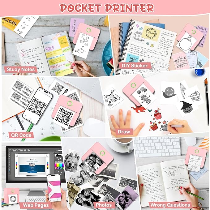Mini Thermal Printer, Portable Mini Printer with 10 Rolls Printing Paper, Sticker Printer Machine, Mini Pocket Printer for Photos, Journals, DIY, Study Printer Compatible with Android & iOS
