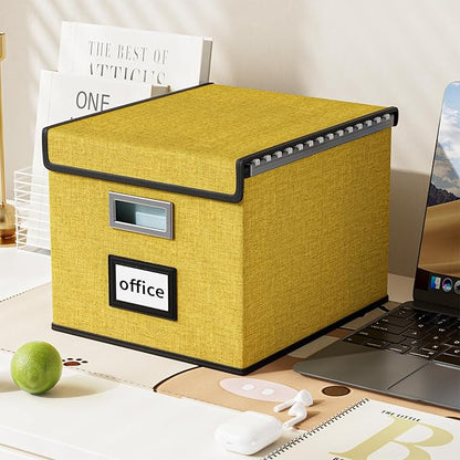 Huolewa Collapsible File Storage Organizer Box with Lid, Linen Document Storage Organization, Universal Hanging Filing Box for Letter/Legal Folder, Decorative Office/Home File Bins - yellow, box only