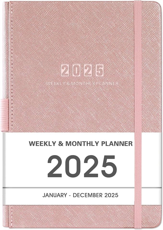 2025 Planner - 2025 Planner Weekly and Monthly, 5.75" x 8.25", Jan. 2025 - Dec. 2025, Saffiano Leather with Thick Paper, Back Pocket with 40 Notes Pages - Rose Gold