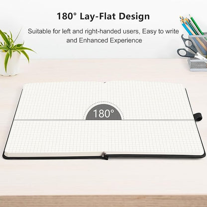 RETTACY Graph Paper Notebook, A5 Grid Notebook Journal with 192 Pages, 5.7'' × 8.3'', Medium Size, Leather Hardcover, 100 GSM Thick Paper, for Students, Homework, Math, Engineering (Black)
