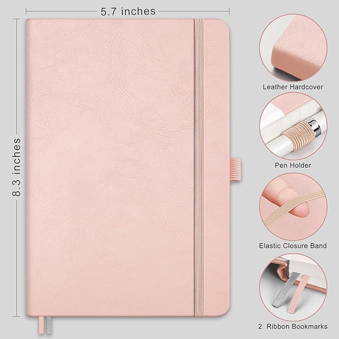 RETTACY Journaling Notebooks, A5 Lined Journal Notebook with 192 Numbered Pages, 5.7'' × 8.3'' Medium Size, for Writing, Work, Office, Leather Hardcover, 100 GSM Thick Paper (Rose Gold)