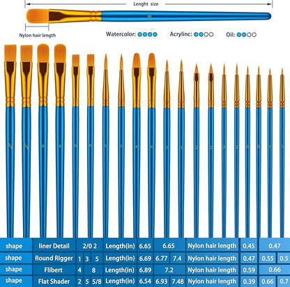 Paint Brushes Set for Acrylic Painting, 20 Pcs Oil Watercolor Acrylic Paint Brush, Artist Paintbrushes for Body Face Rock Canvas, Kids Adult Drawing Arts Crafts Supplies, Blue