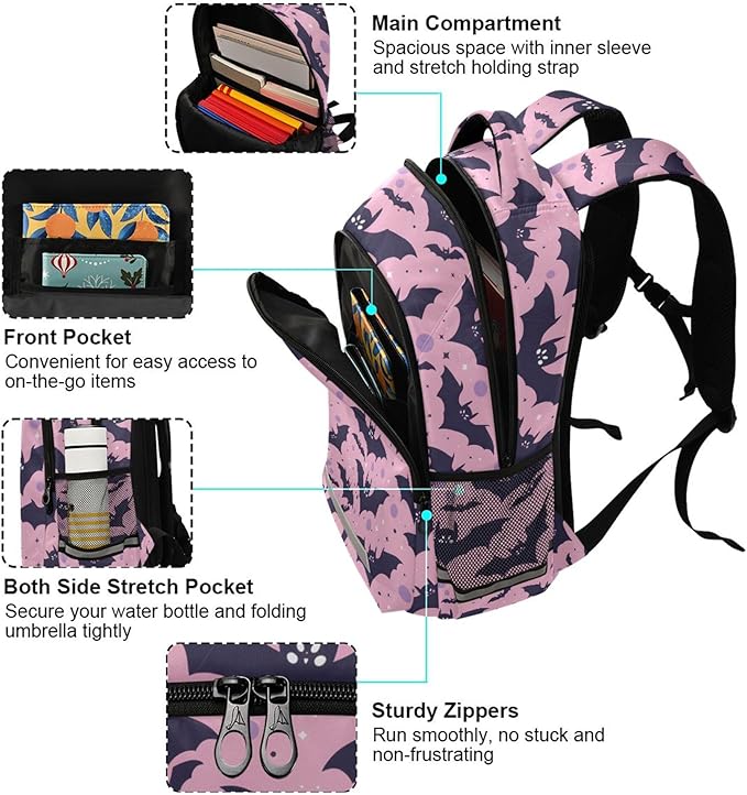 MNSRUU Laptop Backpack with Chest Strap, Cute Bats School Backpack, Travel Hiking Backpack for Boys Girls Teen Adult, Rucksack, Knapsack