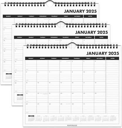 PAPERAGE Calendar 2025-12 Month, (Black), 3 Pack, Minimalist Wall and Desk Calendar with Monthly Views and Yearly Plans – Small (9 in x 11 in)