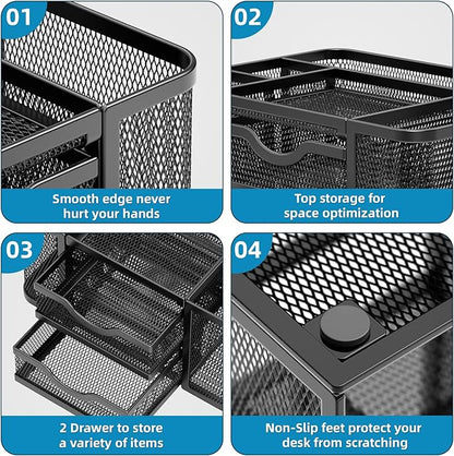 Marbrasse Mesh Desk Organizer, Pen Organizer with 2 Drawer, Multi-Functional Pencil Holder for Desk, Desk Organizers and Accessories with 5 Compartments + Drawer for Office Art Supplies (Black)