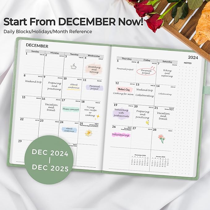SUNEE 2025 Weekly & Monthly Hardcover Planner 5.5" x 8.3" - 12 Month (January 2025 - December 2025), Small Hardcover Planner, Pocket, Notes, 100 GSM Paper, Sage Green