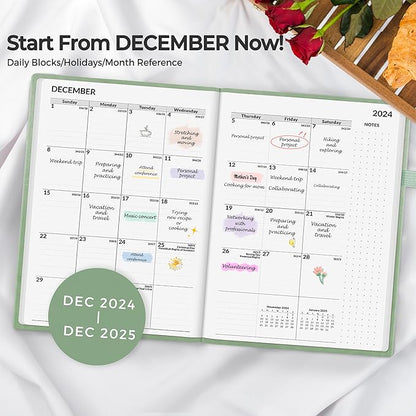SUNEE 2025 Weekly & Monthly Hardcover Planner 5.5" x 8.3" - 12 Month (January 2025 - December 2025), Small Hardcover Planner, Pocket, Notes, 100 GSM Paper, Sage Green
