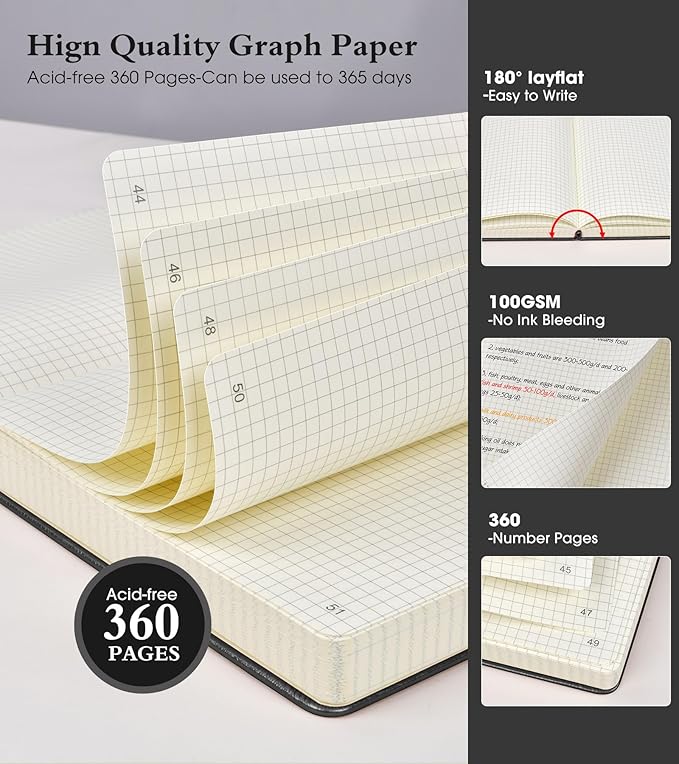 Graph Paper Notebook Journal,360 Numbered Pages Grid Notebooks,Thick 100gsm Graphing Paper Notebook Journal for Writing Women Men, A5 Large Hardcover Leather Graph Notebook 5.75''× 8.38''Black