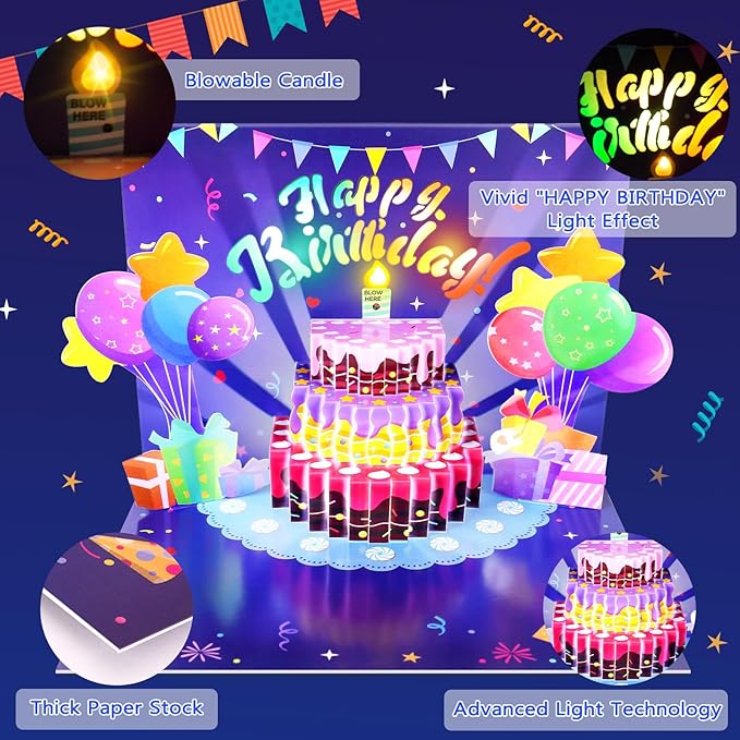 Birthday Cards, Musical Pop Up Birthday Cards with Light, Blow Out LED Light Candle and Play Happy Birthday Music Pop Up Card, Birthday Gifts for Women Men Husband Wife Kids Greeting Cards