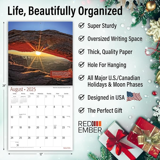 RED EMBER National Parks with Inspirational Quotes 2025 Wall Calendar 12 Month | 12" x 24" Open | Thick & Sturdy Paper | Giftable | Calendar 2025