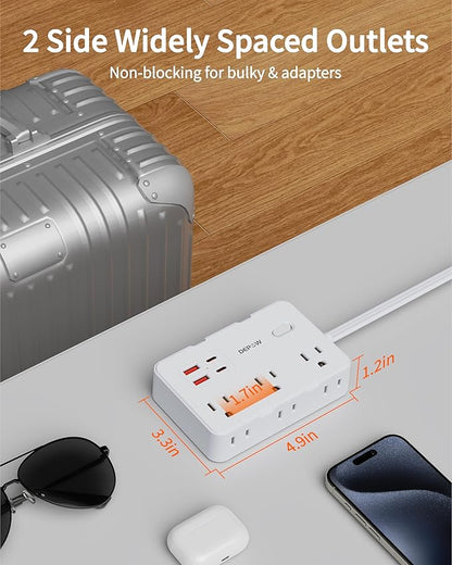 Surge Protector Power Strip with Flat Plug, 5 FT Extension Cord with 6 AC Outlets 4 USB Ports(2 USB-C),1050J Surge Protection, Wall Mountable Charging Station for Office, Home, White