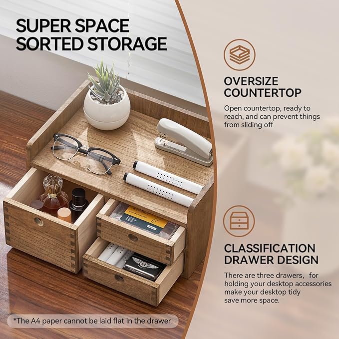 KIRIGEN Desk Organizer with 3 Drawers - Wood Drawer Storage Box with Trays for Tabletop - Workspace Office Toiletries Supplies Tool Caddy - Wooden Storage Cabinet1 Layer Dark Brown（DT1D3C-DBR）