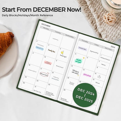 SUNEE 2025 Pocket Weekly Planner for Purse 3.5" x 6" - 12 Month (January 2025 - December 2025), Pocket Size Planner, Hardcover, Notes, Pocket, 100 GSM Paper, Deep Green