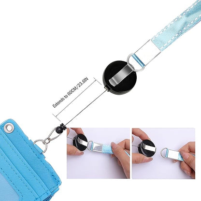 Cute ID Badge Holder Retractable Lanyard Reel Clip with Heavy Duty Carabiner, 5 Card Slots in 2 Sided with Key Ring and Zipper for Women Students Teens Girls Office Staff