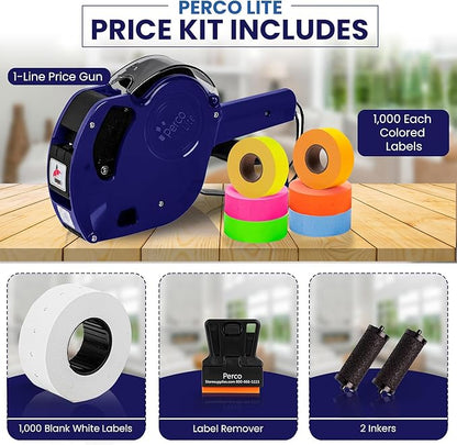 Perco Lite 1 Line Price Gun with Labels Kit - Includes 1 White Roll, 6 Multicolored Rolls, 2 Ink Rollers, 1 Ink roll and Labels Pre-Loaded
