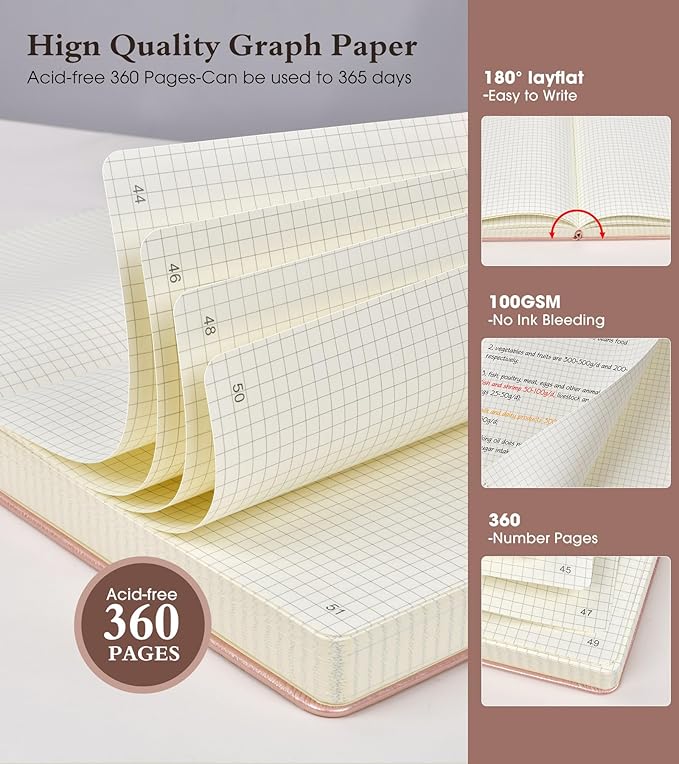 Graph Paper Notebook Journal, 360 Numbered Pages Grid Notebooks 8.5 x 11, Thick 100gsm Paper Graphing Journals for Women Men, A4 Large Hardcover Graph Leather Journals for Writing Pink