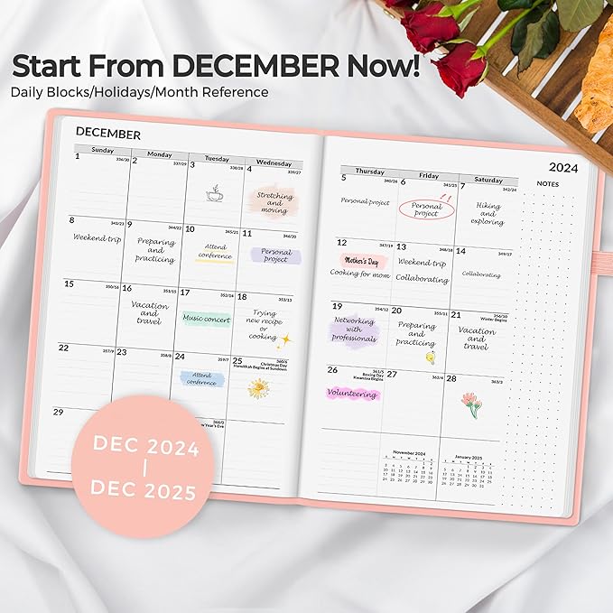 SUNEE 2025 Weekly & Monthly Hardcover Planner 5.5" x 8.3" - 12 Month (January 2025 - December 2025), Small Hardcover Planner, Pocket, Notes, 100 GSM Paper, Peach Pink
