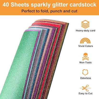 40 Sheets 20 Colors Glitter Cardstock, BetyBedy Cricut Paper Cardstock, No-Shed Sparkly Glitter, A4 Glitter Paper for Arts and Crafts - Card Making, Scrapbooking, DIY Projects