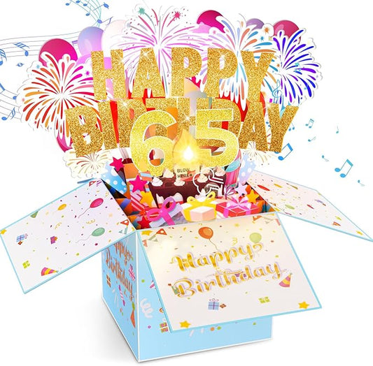 Tnvee 65TH Birthday Cards with Lights & Music & Candle, 3D Large Pop Up Happy Birthday Cards for Women Man Greeting Cards Decorations for 65 Years Old Mom Dad Wife Husband Friend