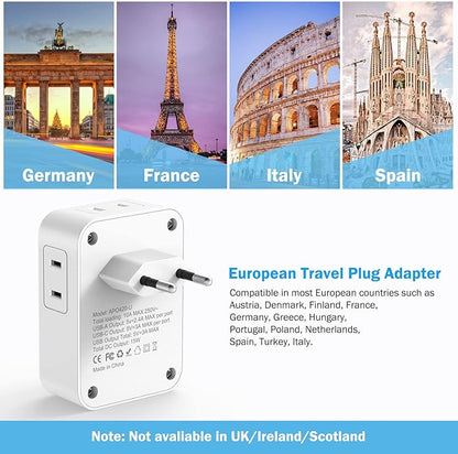 2 Pack European Travel Plug Adapter with USB C, US to Europe Power Adapters with 4 AC Outlets, 3 USB Charging Ports, International Plug Adapter, 7 in 1 Travel Essentials for Italy France Greece