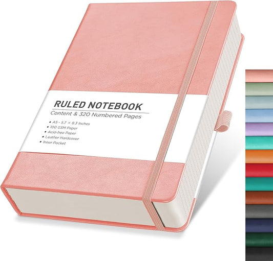RETTACY Journaling Notebooks, A5 Lined Notebook Journal with 320 Numbered Pages, 5.7'' × 8.3'', Medium Size, Journal Notebook for Writing, Work, Leather Hardcover, 100 GSM Thick Paper (Pink)