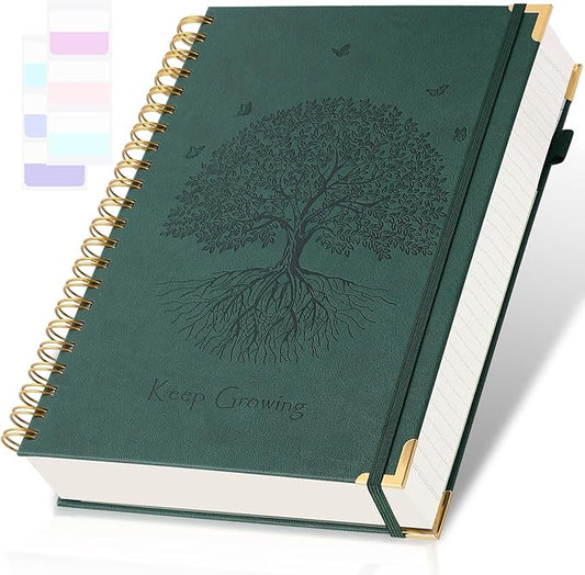 Spiral Notebook, College Ruled Notebook, 8" x 10", 300 Pages Leather Journals for Writing, B5 Hardcover Journaling Notebooks for Work School, 24pcs Tabs, Large Embossed Journal for Women Men, Green