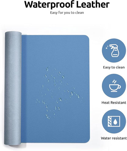 YSAGi Leather Desk Protector, Office Mat, Large Mouse Pad, Non-Slip PU Leather Blotter, Laptop Desk, Waterproof Writing Pad for Office and Home (Sea Blue, 35.4" x 17")