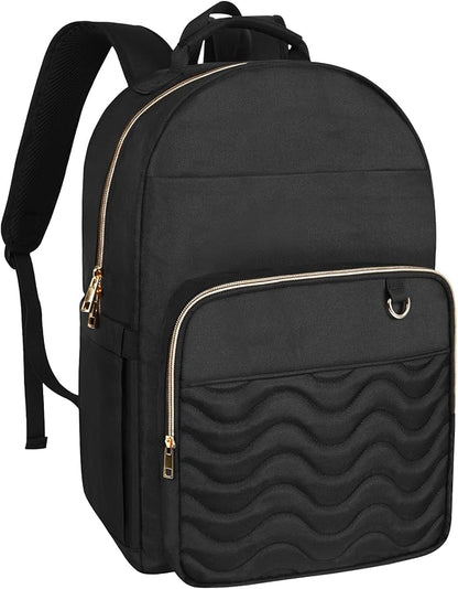 Travel Laptop Backpack for women, Work Backpack Woman with USB Charging Port, Water Resistant College Backpack, Stylish Quilted Girls Backpack Casual Daypack for 15.6 Inch Laptop, Black