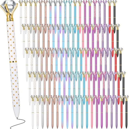 Sherr 100 Pack Big Crystal Diamond Pens Cute Ballpoint Pens Retractable Ballpoint Rhinestones Crystal Bling Gem Plated Black Gel Ink Office Supplies Gifts for Women(Elegant,Assorted)