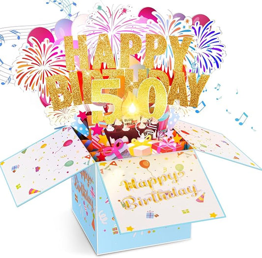 Tnvee 50TH Birthday Cards with Lights & Music & Candle, 3D Large Pop Up Happy Birthday Cards for Women Man Greeting Cards Decorations for 50 Years Old Mom Dad Wife Husband Friend