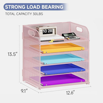 5 Tier Paper Organizer with Handle, Metal Mesh Desk Organizer File Folder Organizer Paper Letter Tray Desktop Document Sorter for Classroom, School, Office Organization and Storage - Pink