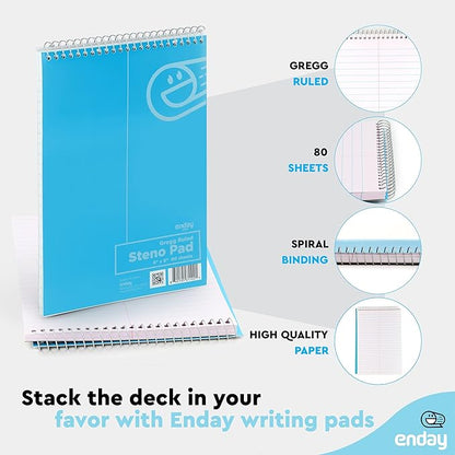 Enday Steno Pads Spiral 6 x 9 inches, Gregg Rule White Paper, 80 Sheets Steno Notebook for writing in Pink, Purple, Green, Blue, Red, Grey, Color May Vary (3 Pack)