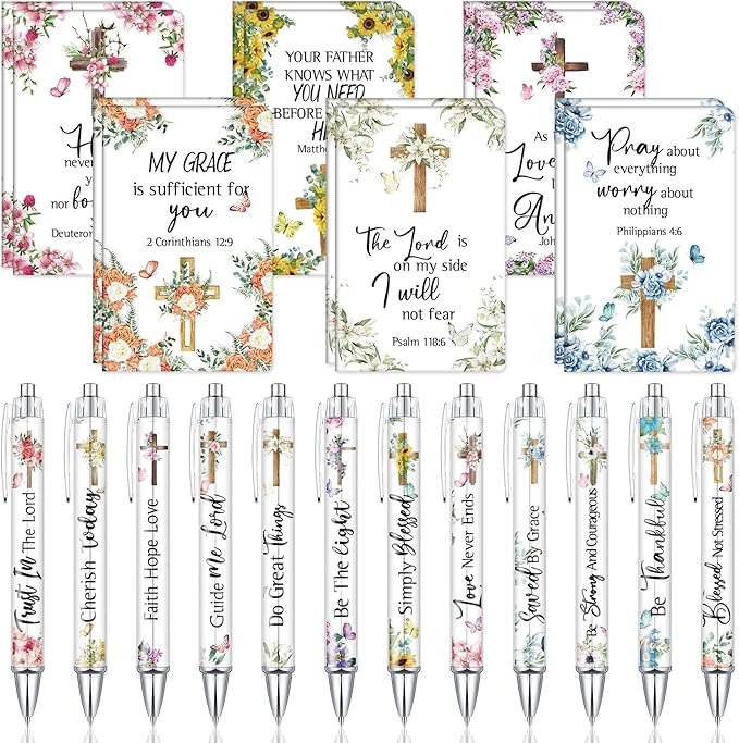 Colarr 24 Pcs Christian Bulk Gifts for Women Men Bible Verse Pens and Notebooks Religious Easter Gifts Scripture Ballpoint Pens Journals Sunday School Church Inspirational Study Supplies(Cross)
