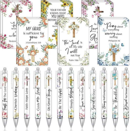 Colarr 24 Pcs Christian Bulk Gifts for Women Men Bible Verse Pens and Notebooks Religious Easter Gifts Scripture Ballpoint Pens Journals Sunday School Church Inspirational Study Supplies(Cross)